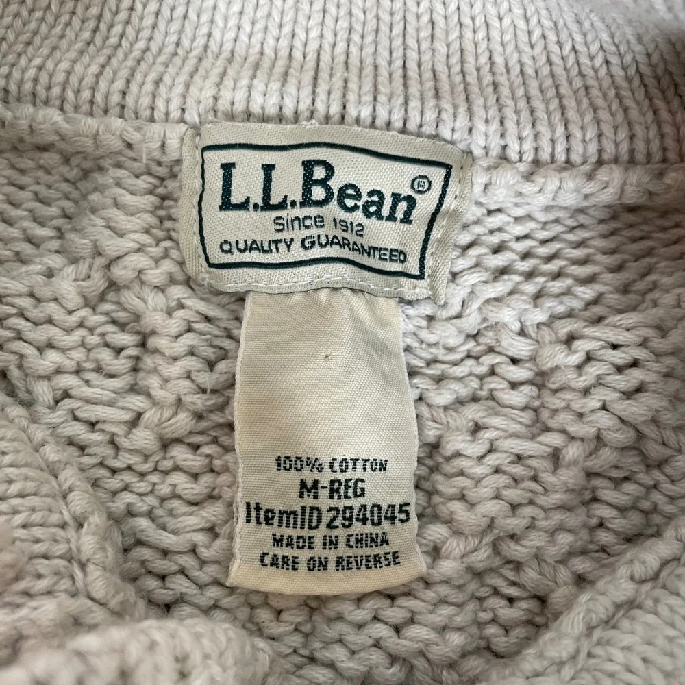 LL Bean Sweater Mens Medium Fisherman Cable Knit Cream Knot Button Mock Neck
